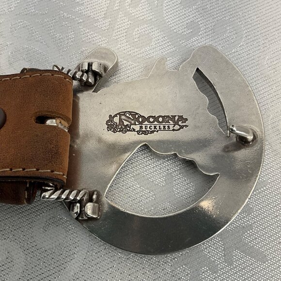 Justin Brown Leather Belt W/ Nocona Horse & Horseshoe Rhinestone Buckle Size 36 - Picture 6 of 7